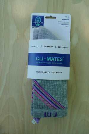 Climatesox.com CLI-MATES (rebranding as E-Zmates) Women's Merino Wool Blend Light Cushion Crew Socks in retail packaging showing Zero Carbon Footprint branding and tagline Never Sort or Lose Mates