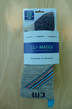 Climatesox.com CLI-MATES (rebranding as E-Zmates) Men's Merino Wool Blend Light Cushion Crew Socks in retail packaging showing Zero Carbon Footprint branding and tagline Never Sort or Lose Mates